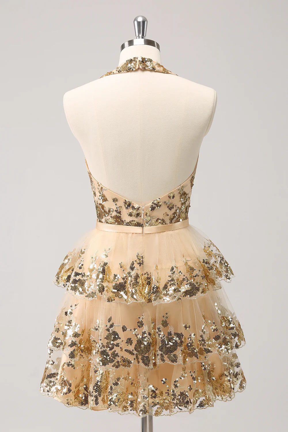 Sparkly Gold A Line Halter Corset Tiered Backless Homecoming Dress with Sequins