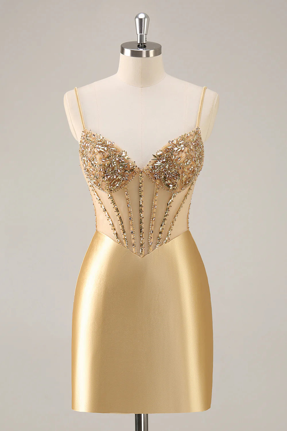Sparkly Golden Corset Satin Tight Short Homecoming Dress with Rhinestones
