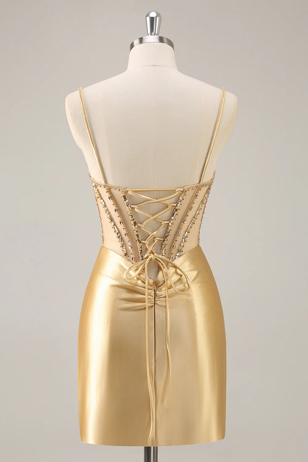 Sparkly Golden Corset Satin Tight Short Homecoming Dress with Rhinestones