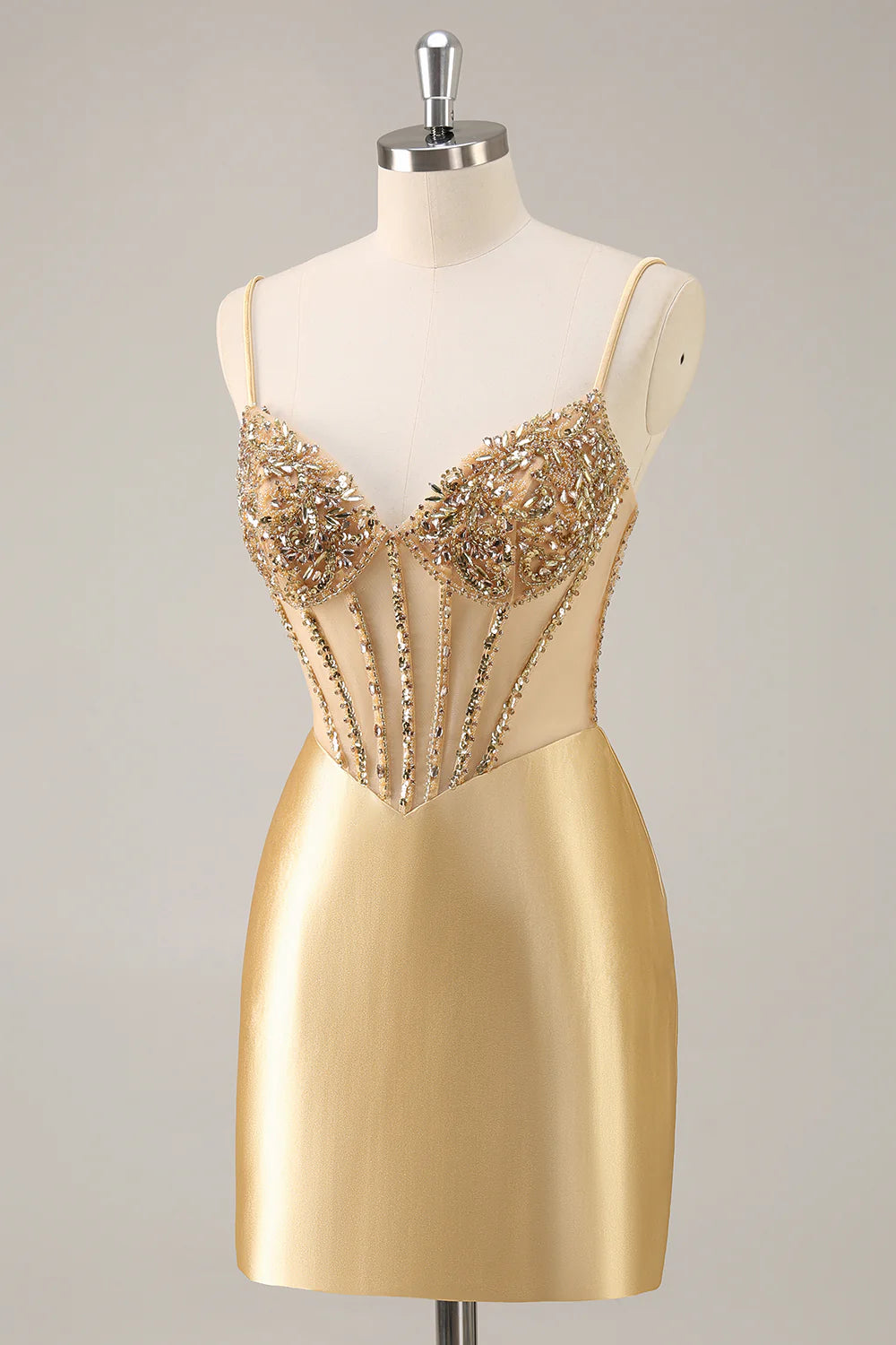 Sparkly Golden Corset Satin Tight Short Homecoming Dress with Rhinestones