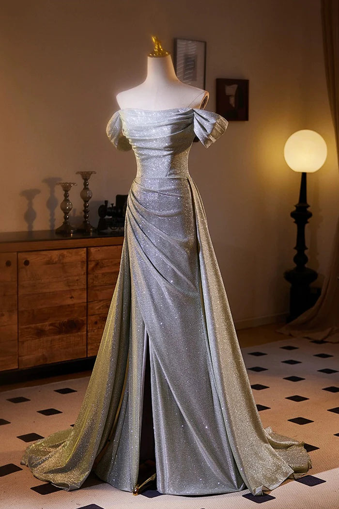 Sparkly Gray Sequins Split Front Prom Dress, Off the Shoulder Sweep Train Formal Dress