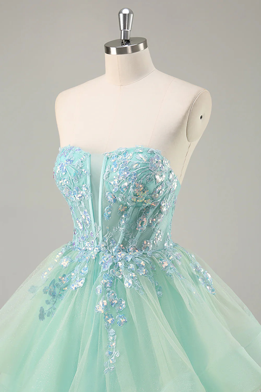 Sparkly Green Corset Strapless Long Prom Dress with Ruffles