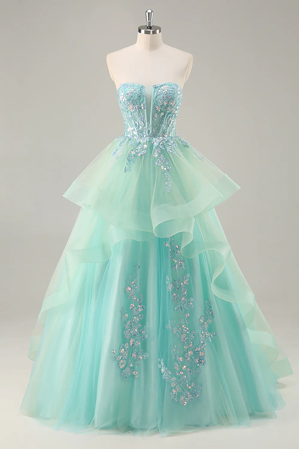 Sparkly Green Corset Strapless Long Prom Dress with Ruffles