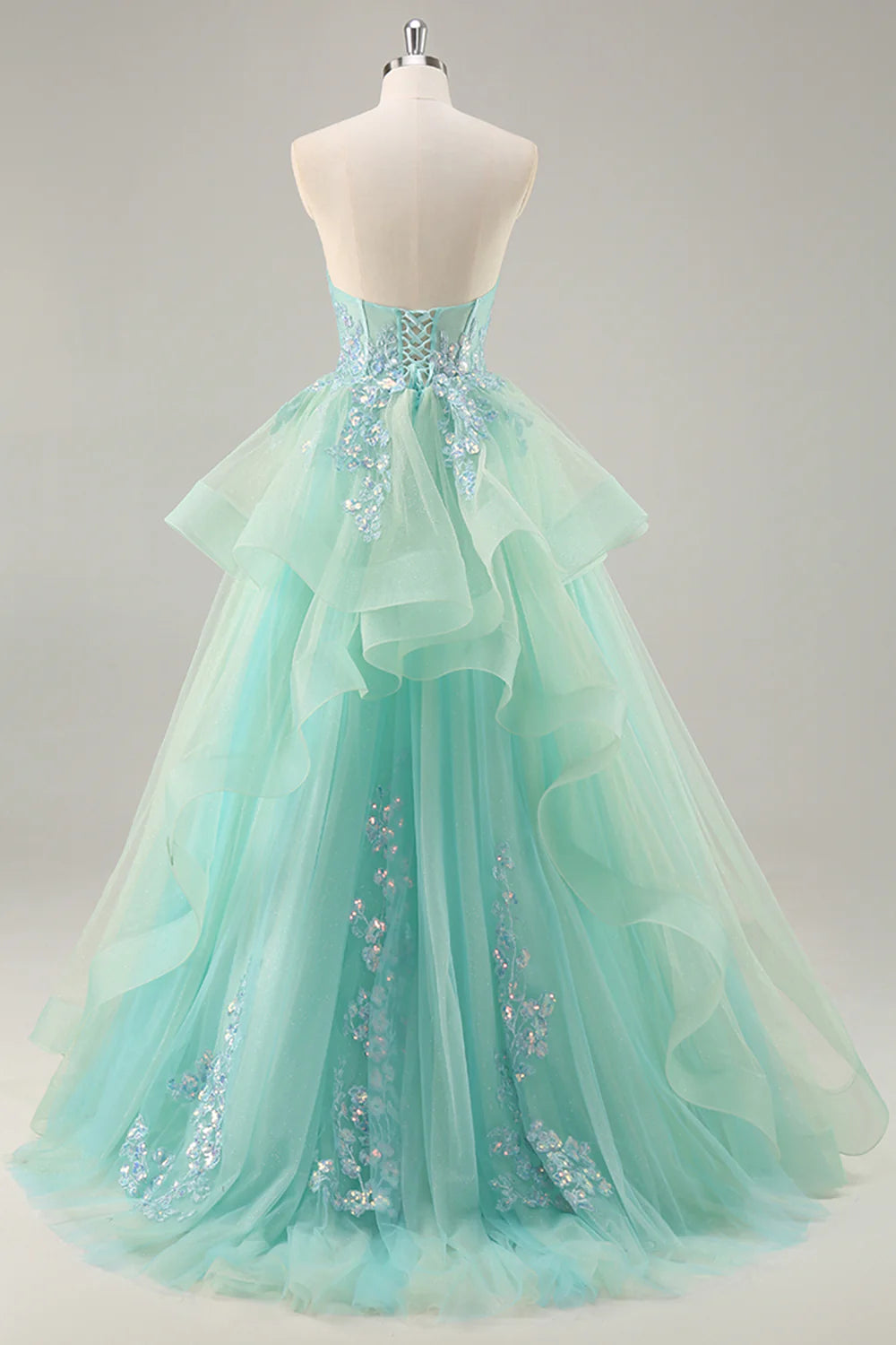 Sparkly Green Corset Strapless Long Prom Dress with Ruffles