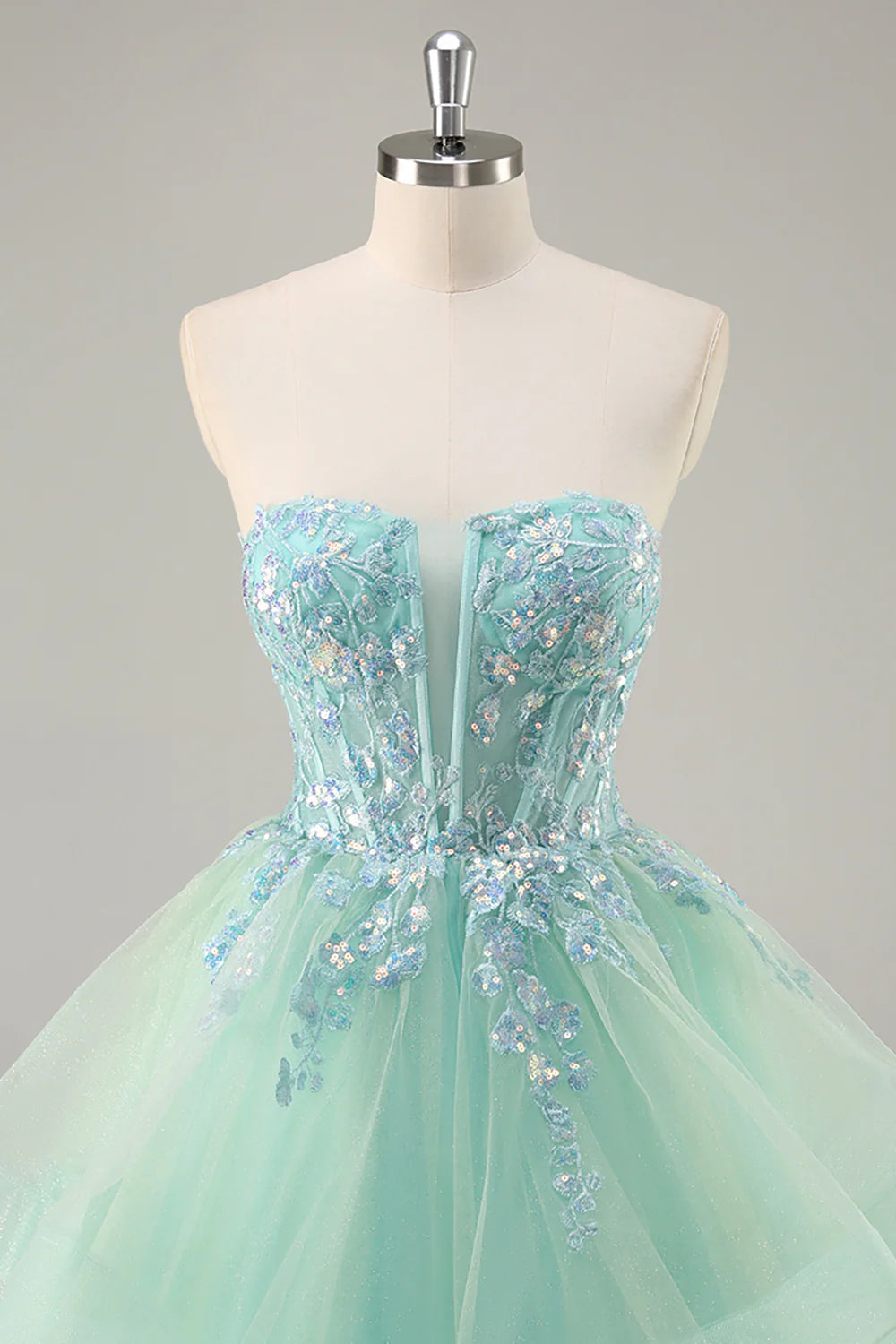 Sparkly Green Corset Strapless Long Prom Dress with Ruffles