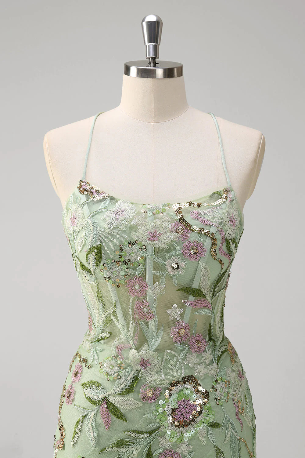 Sparkly Green Mermaid Halter Corset Sequin Embroidered Long Prom Dress With Slit