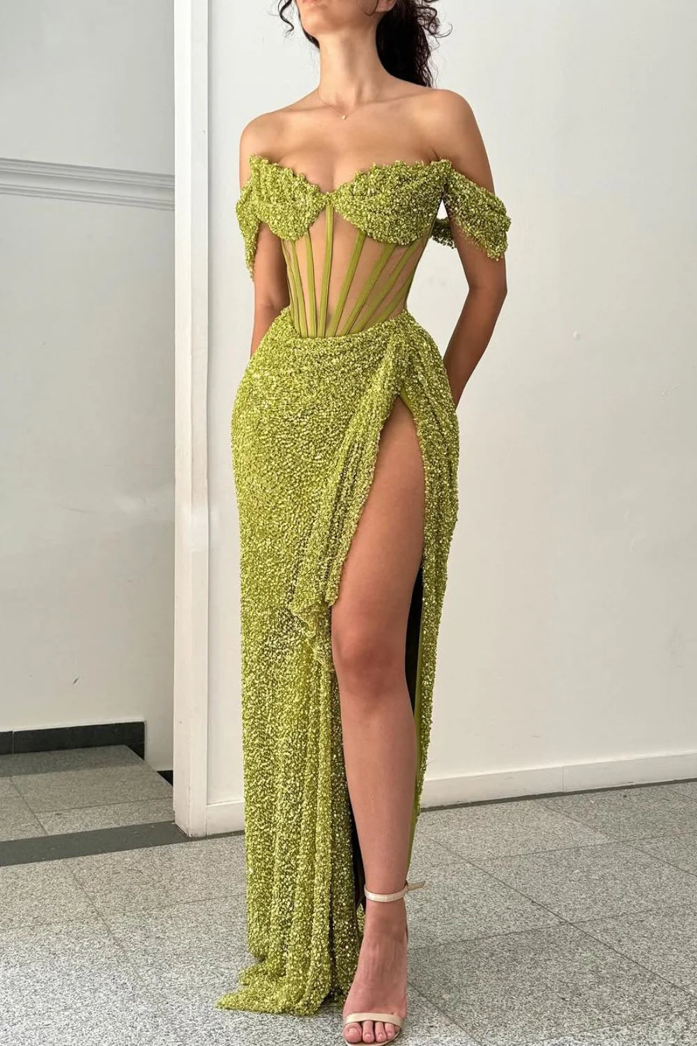 Sparkly Green Mermaid Off The Shoulder Long Formal Prom Dress