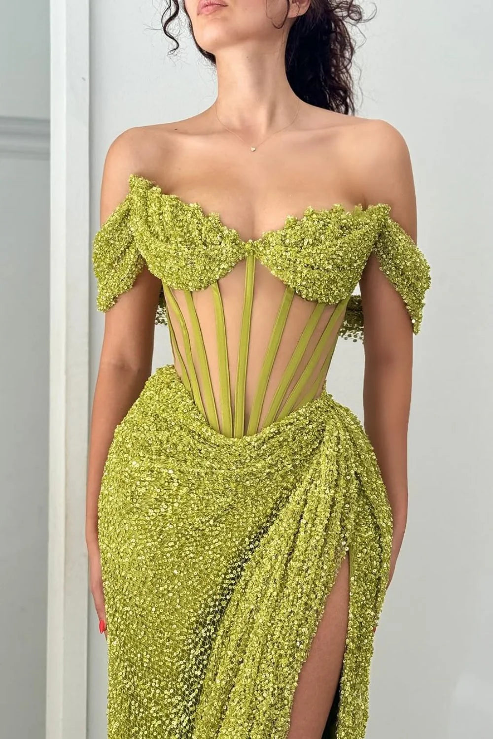 Sparkly Green Mermaid Off The Shoulder Long Formal Prom Dress