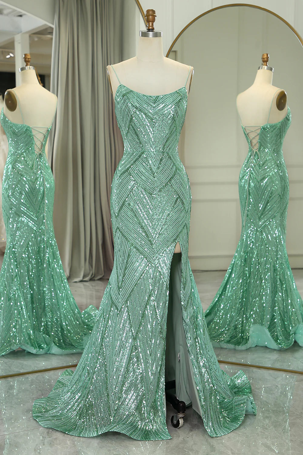 Sparkly Green Mermaid Spaghetti Straps Long Prom Dress With Slit