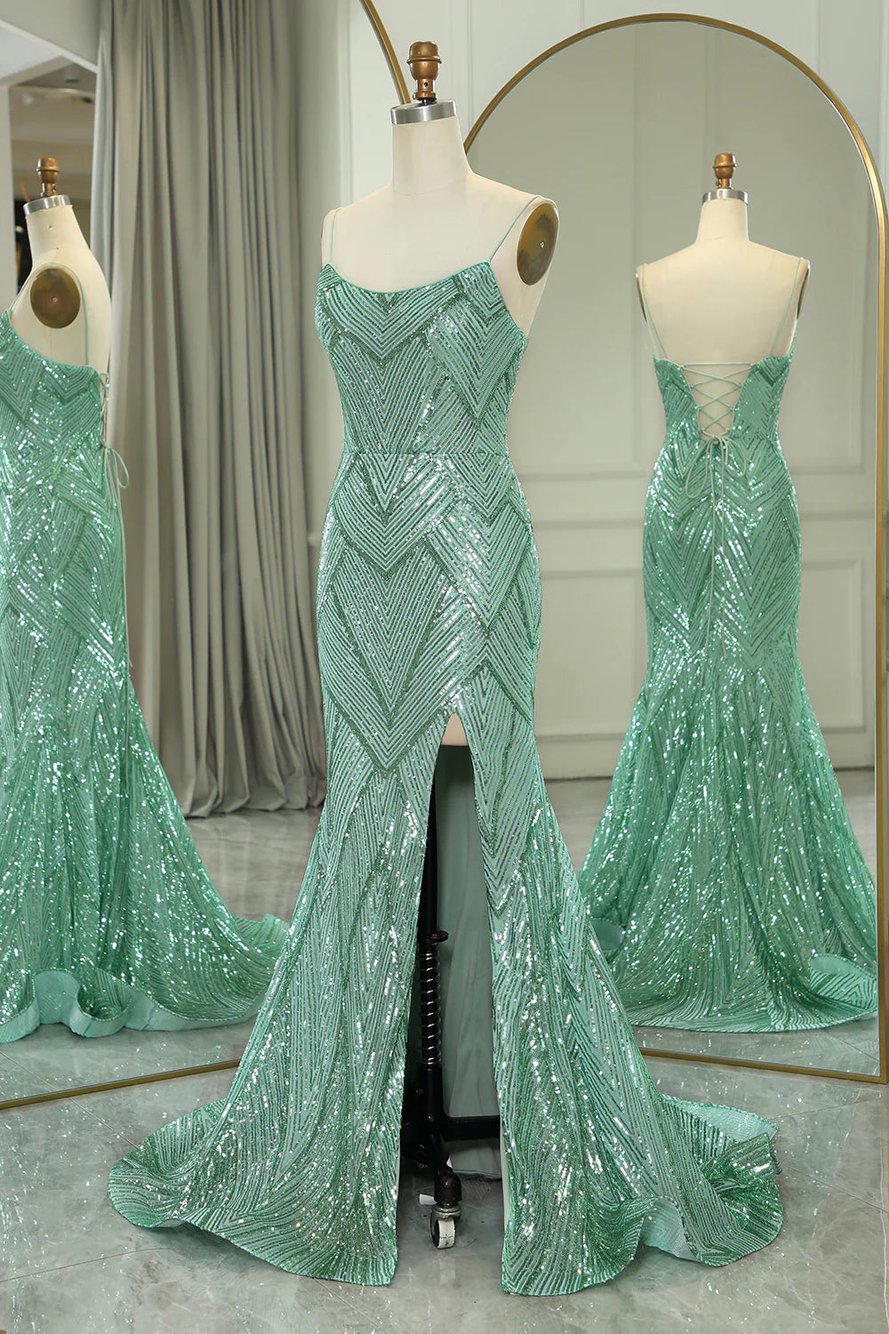 Sparkly Green Mermaid Spaghetti Straps Long Prom Dress With Slit