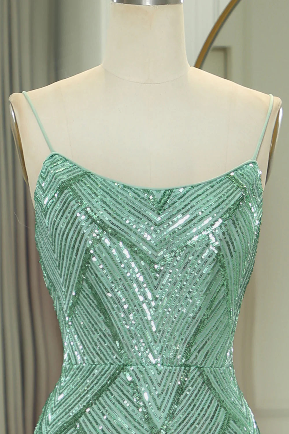Sparkly Green Mermaid Spaghetti Straps Long Prom Dress With Slit
