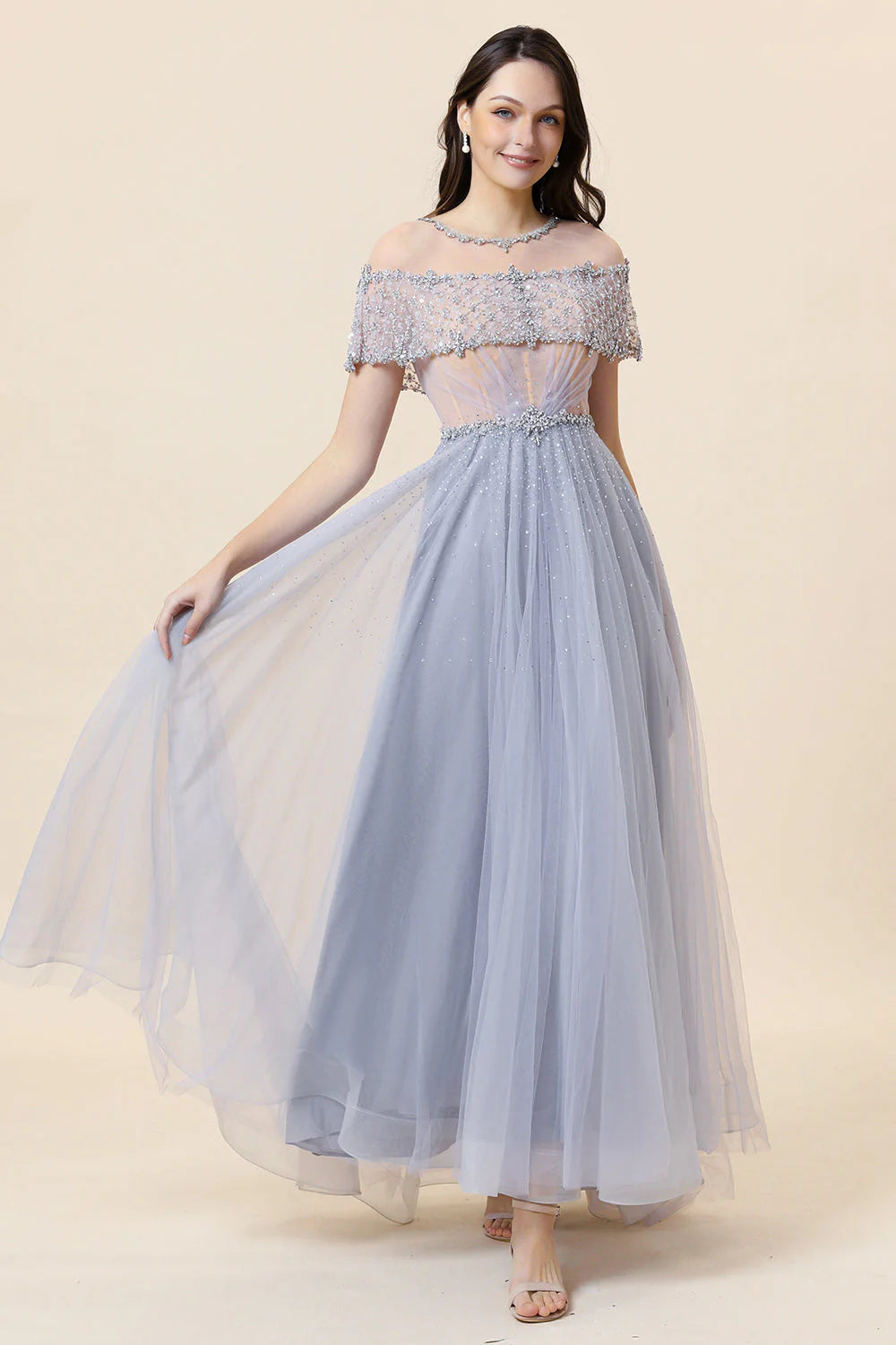 Sparkly Grey Beaded Long Tulle Full Of Charm Prom Dress