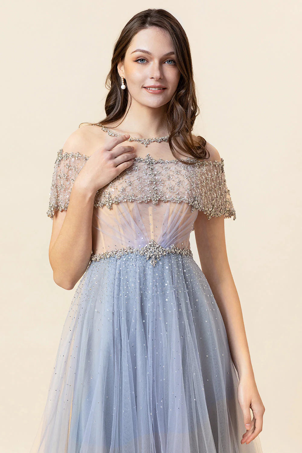 Sparkly Grey Beaded Long Tulle Full Of Charm Prom Dress