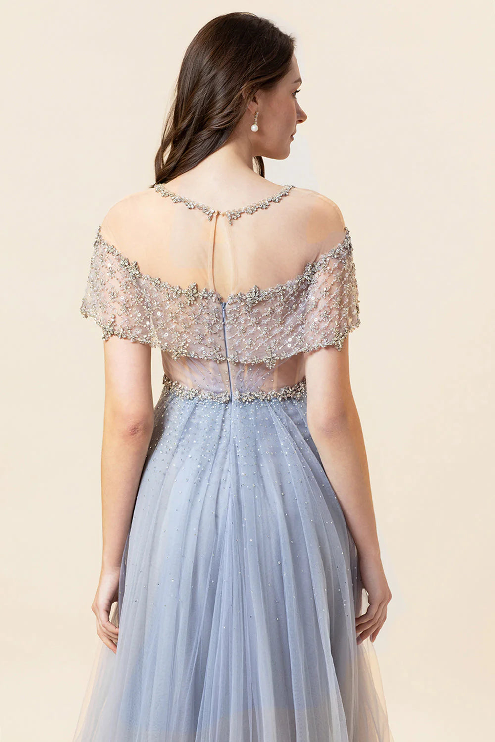 Sparkly Grey Beaded Long Tulle Full Of Charm Prom Dress
