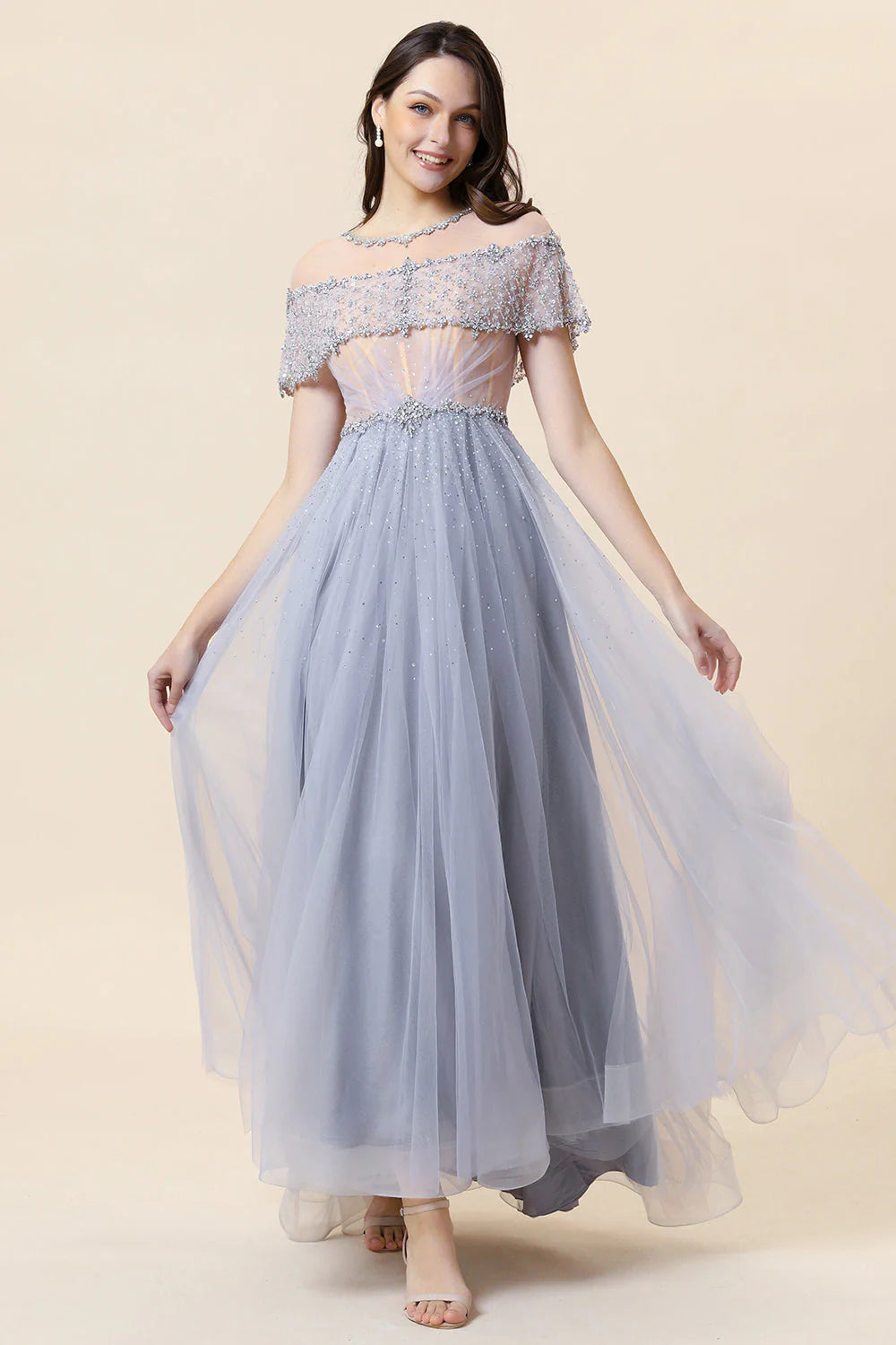 Sparkly Grey Beaded Long Tulle Full Of Charm Prom Dress