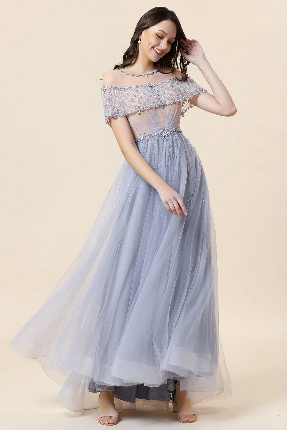 Sparkly Grey Beaded Long Tulle Full Of Charm Prom Dress