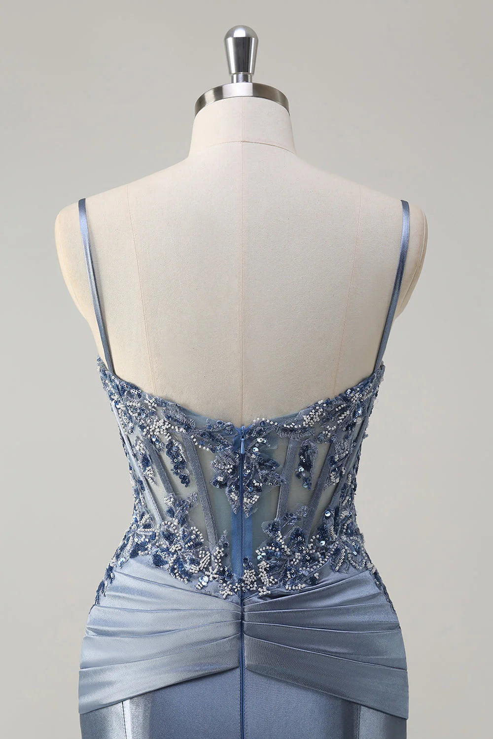 Sparkly Grey Blue Mermaid Ruched Corset Long Prom Dress with Appliques Sequins