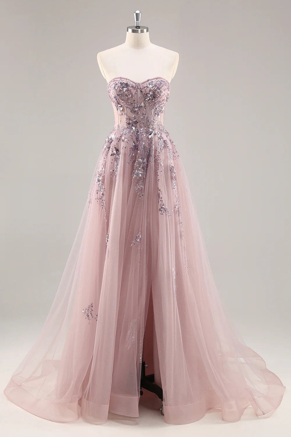 Sparkly Grey Pink Corset Sweetheart Long Prom Dress with Appliques