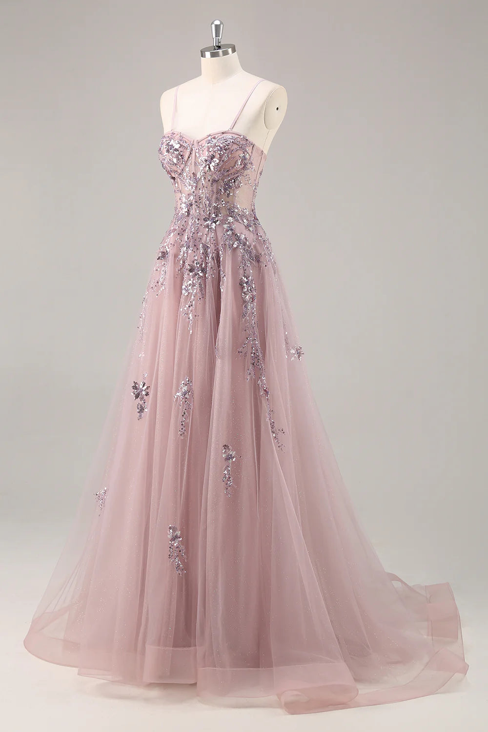 Sparkly Grey Pink Corset Sweetheart Long Prom Dress with Appliques