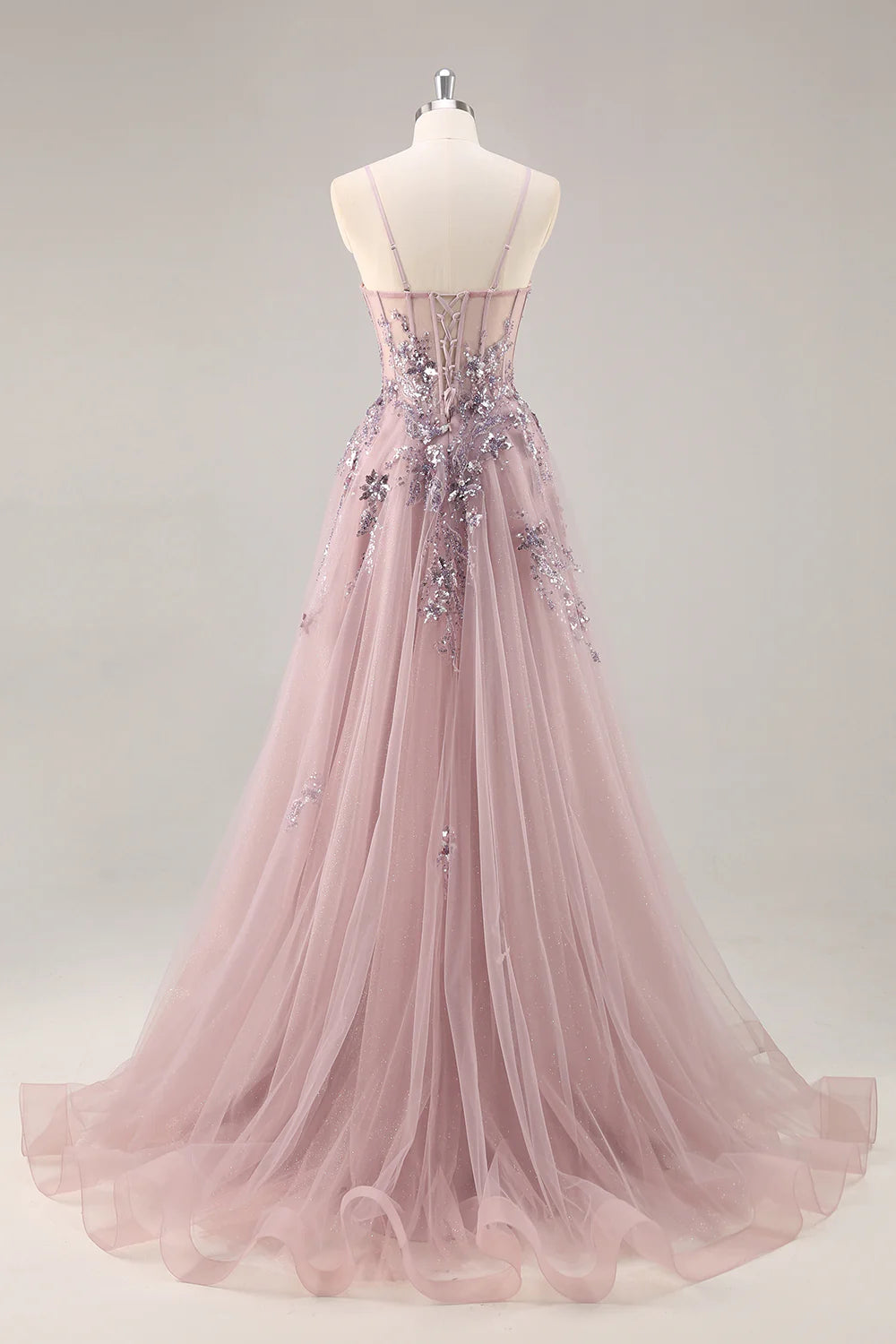 Sparkly Grey Pink Corset Sweetheart Long Prom Dress with Appliques