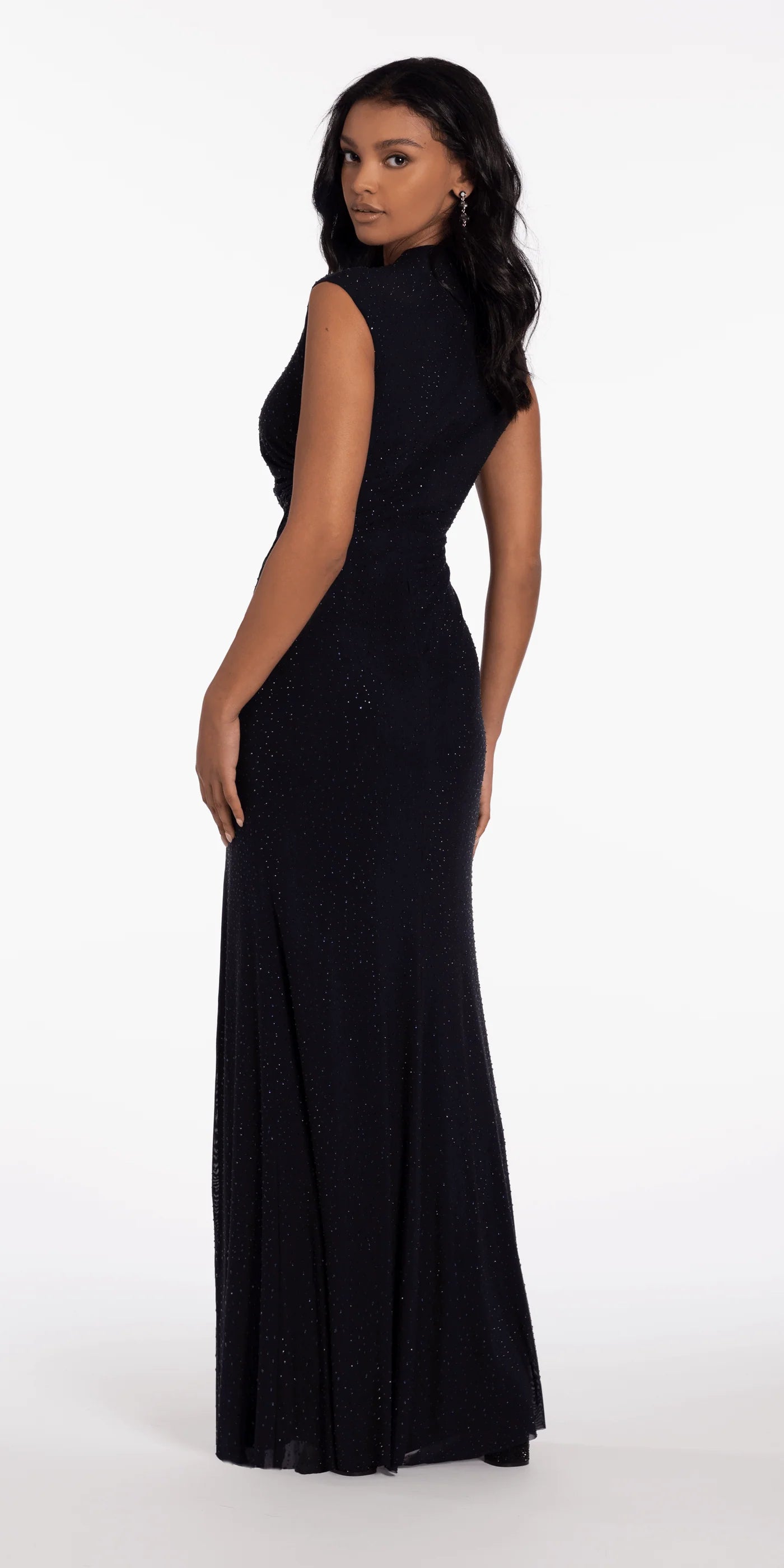 Sparkly High Neck Cap Sleeve Ruched Evening Dresses with High Slit and Floor-Length Skirt