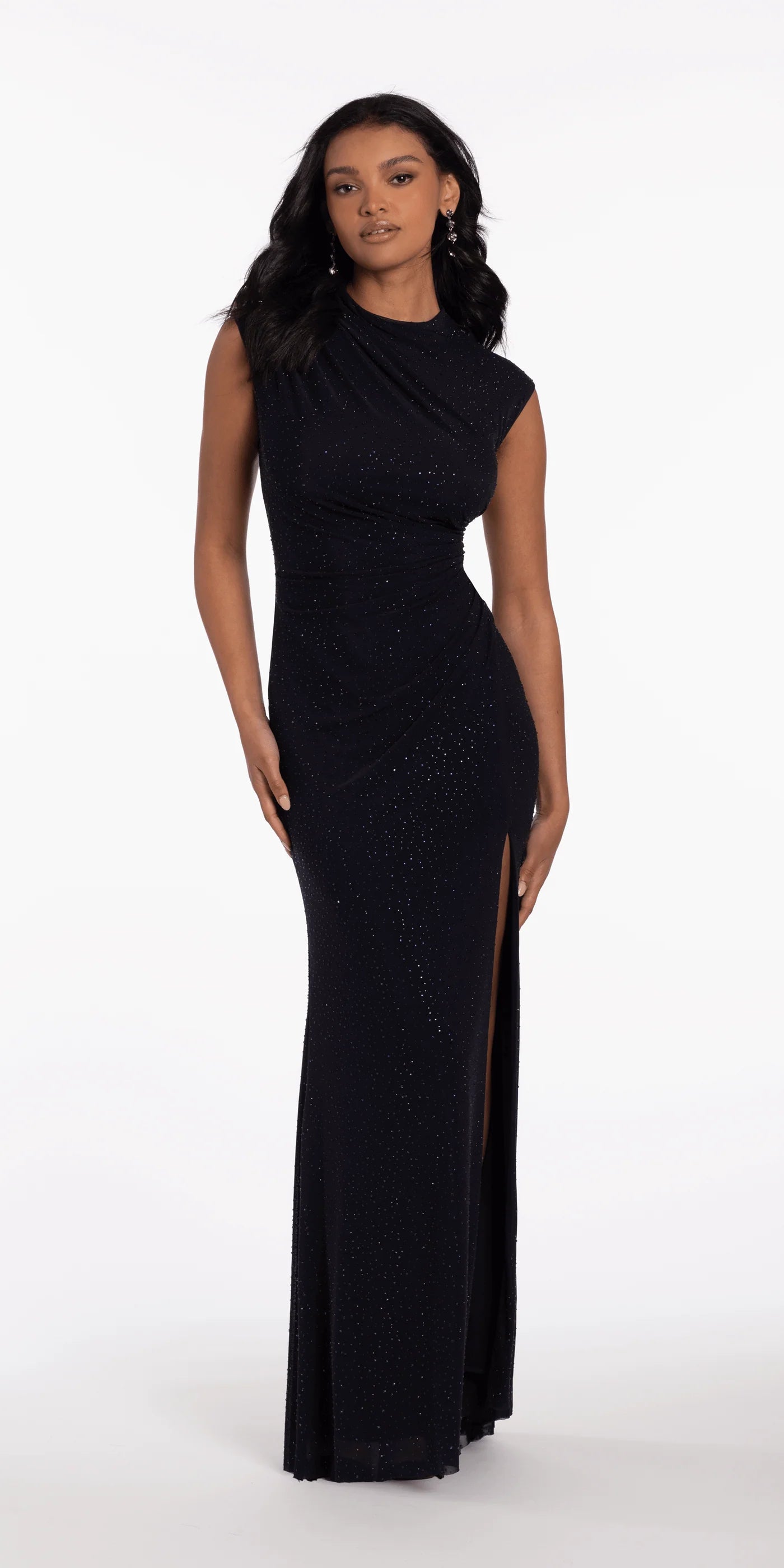 Sparkly High Neck Cap Sleeve Ruched Evening Dresses with High Slit and Floor-Length Skirt