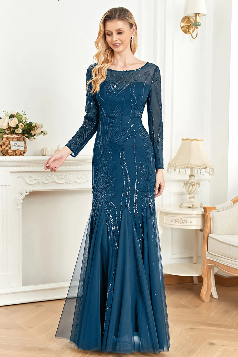 Sparkly Ink Blue Appliques Beads Long Sleeves Round Neck Mother Of The Bride Dress