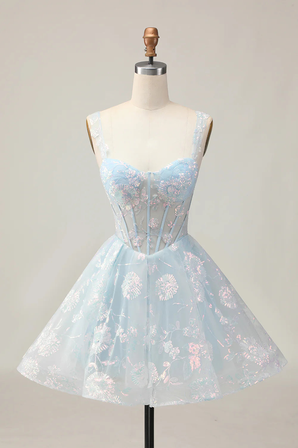 Sparkly Light Blue A-Line Floral Corset Short Homecoming Dress with Sequins