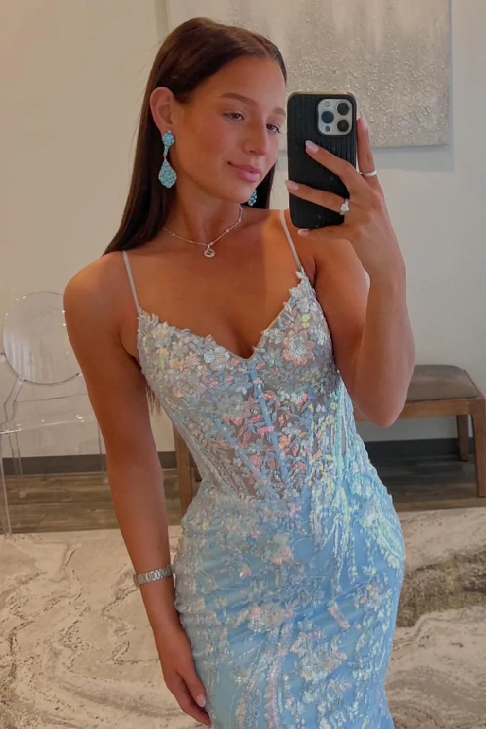 Sequin Light Blue Mermaid Spaghetti Straps Sweep Train Prom Dress