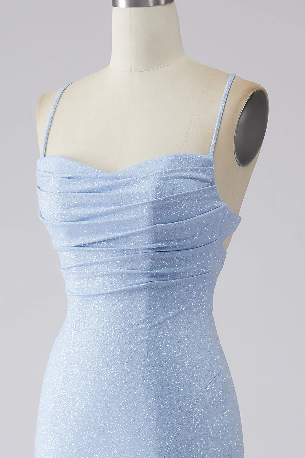 Sparkly Light Blue Mermaid Spaghetti Straps Long Prom Dress with Slit