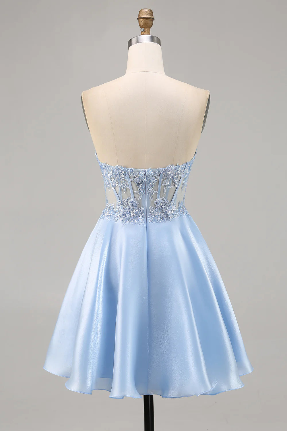 Sparkly Light Blue Satin Strapless Corset Short Homecoming Dress with Lace