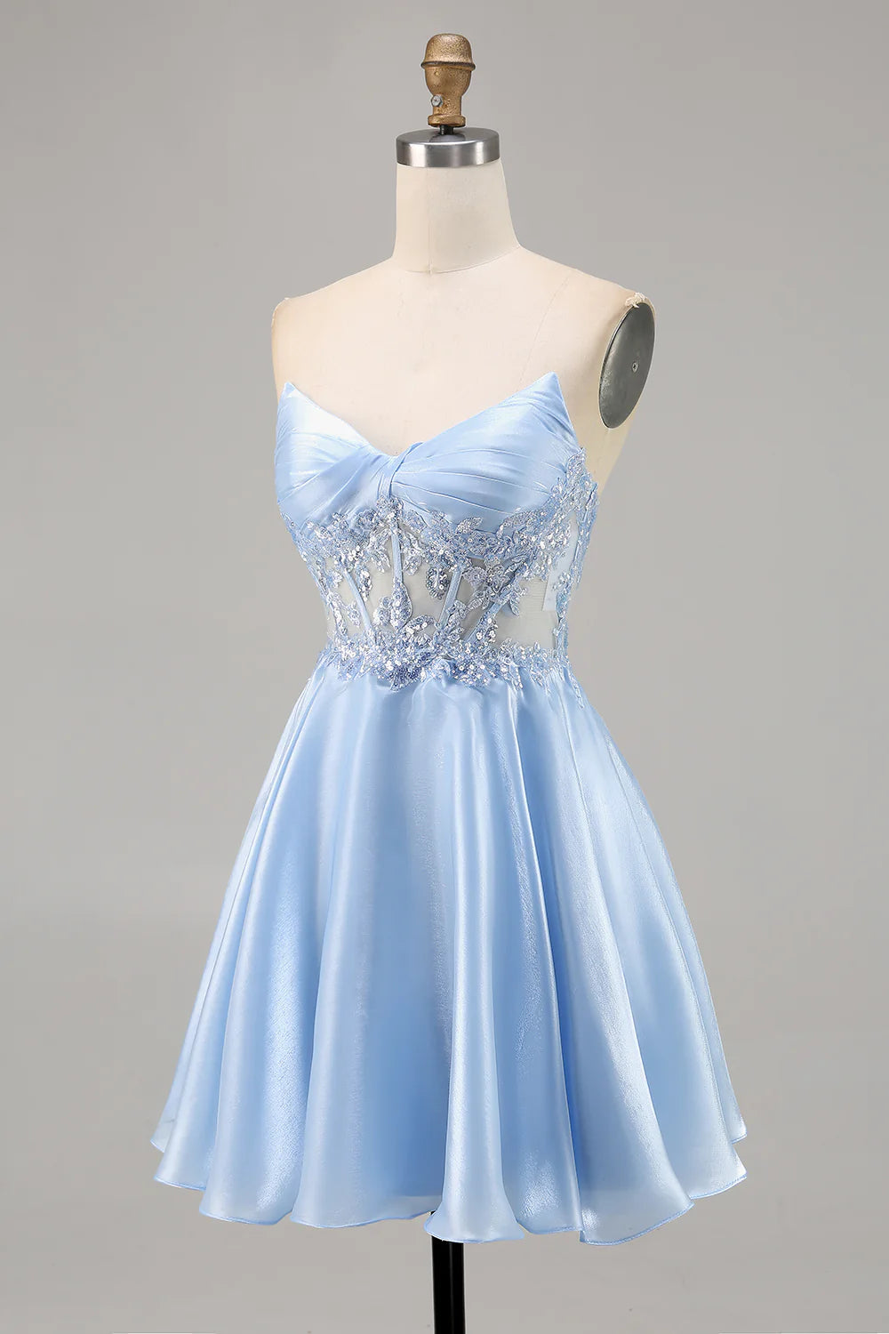 Sparkly Light Blue Satin Strapless Corset Short Homecoming Dress with Lace