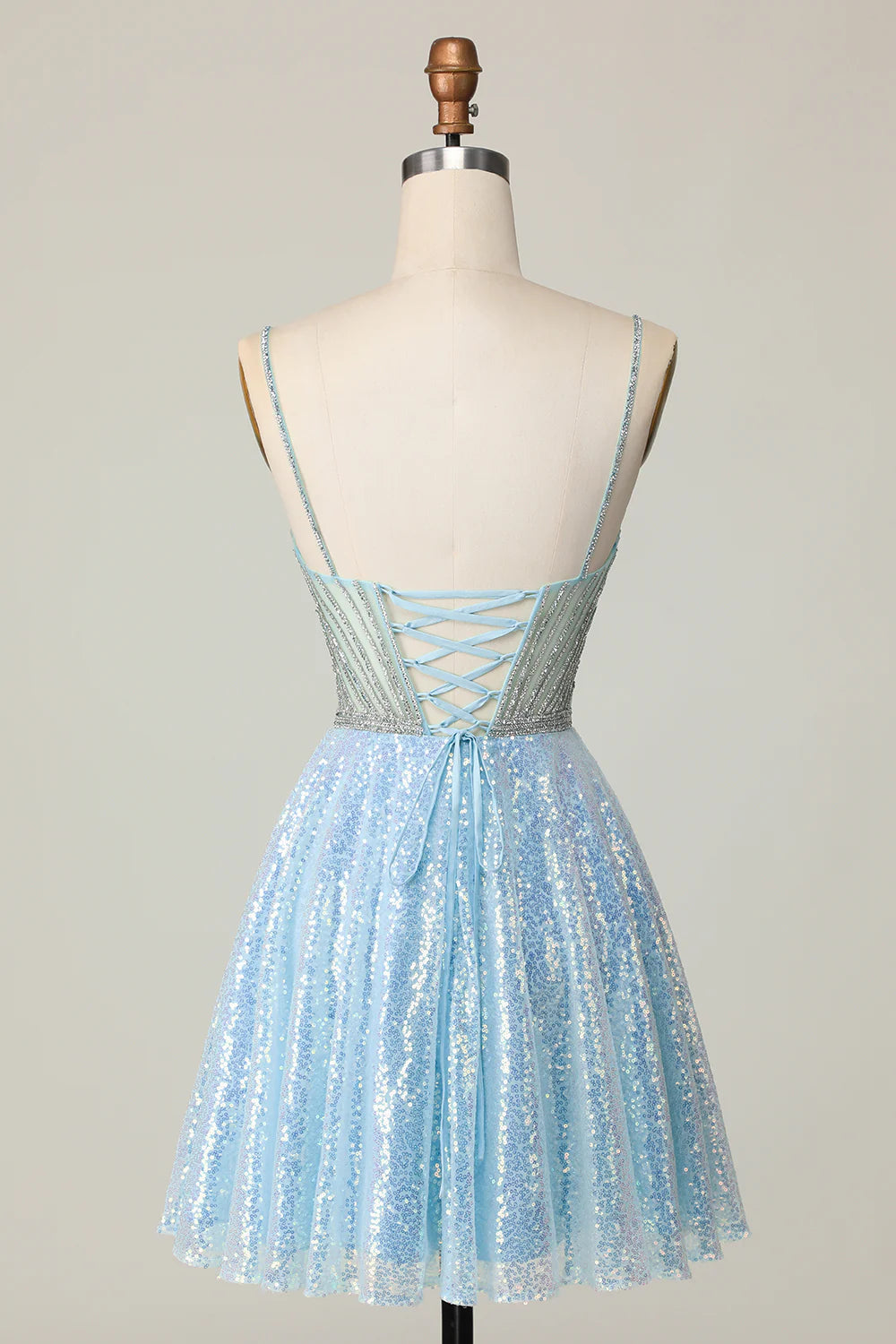 Sparkly Light Blue Sequin Spaghetti Straps Short Homecoming Dress with Beading