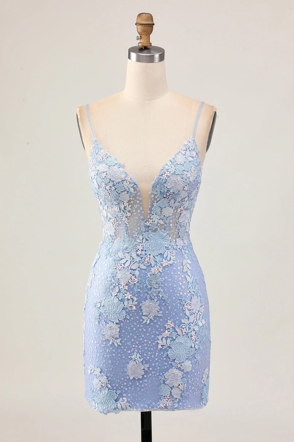 Sparkly Light Blue Sequins Bodycon Floral Homecoming Dress with Appliques
