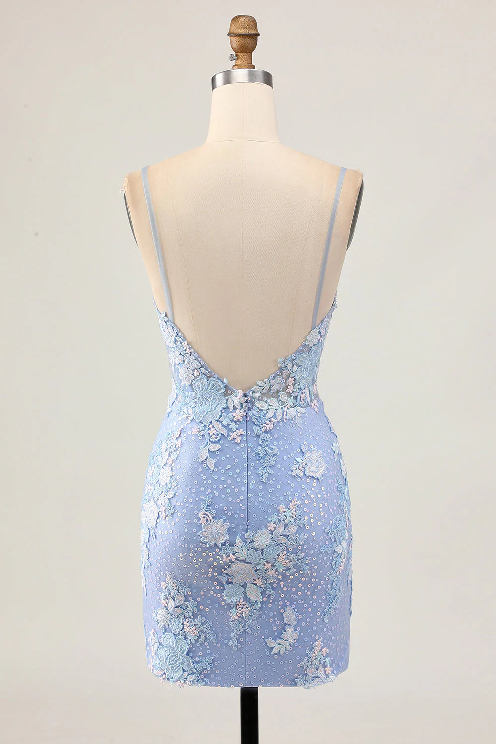Sparkly Light Blue Sequins Bodycon Floral Homecoming Dress with Appliques