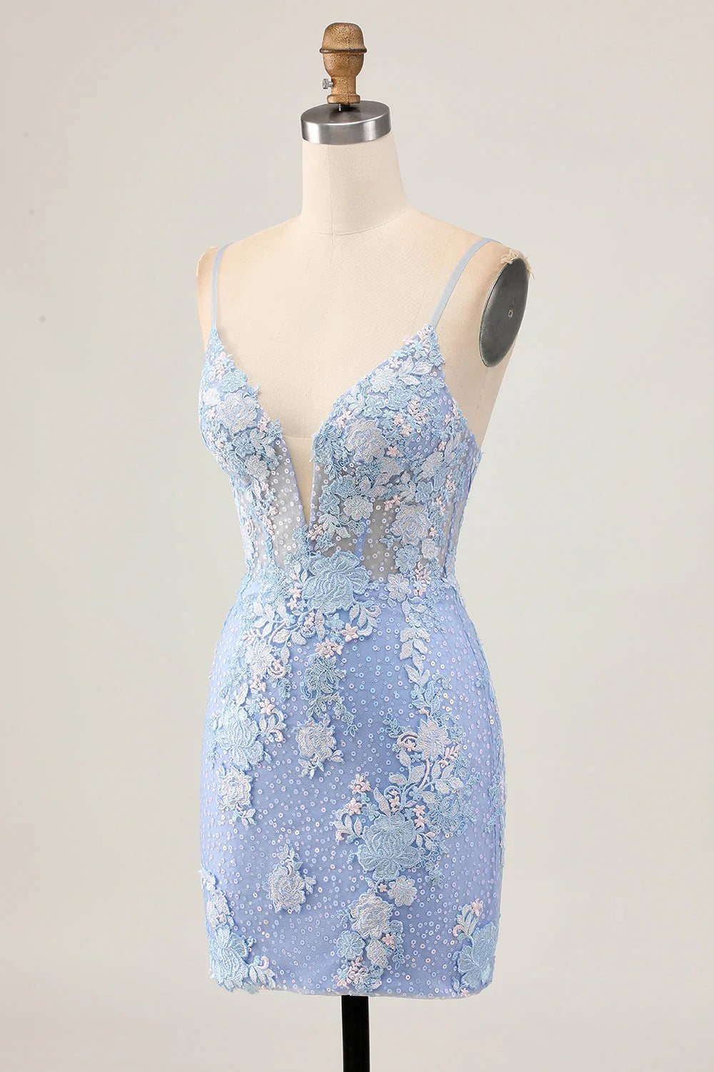 Sparkly Light Blue Sequins Bodycon Floral Homecoming Dress with Appliques