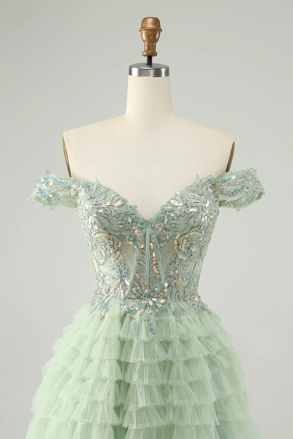 Sparkly Light Green A Line Off The Shoulder Corset Tulle Homecoming Dress with Sequins