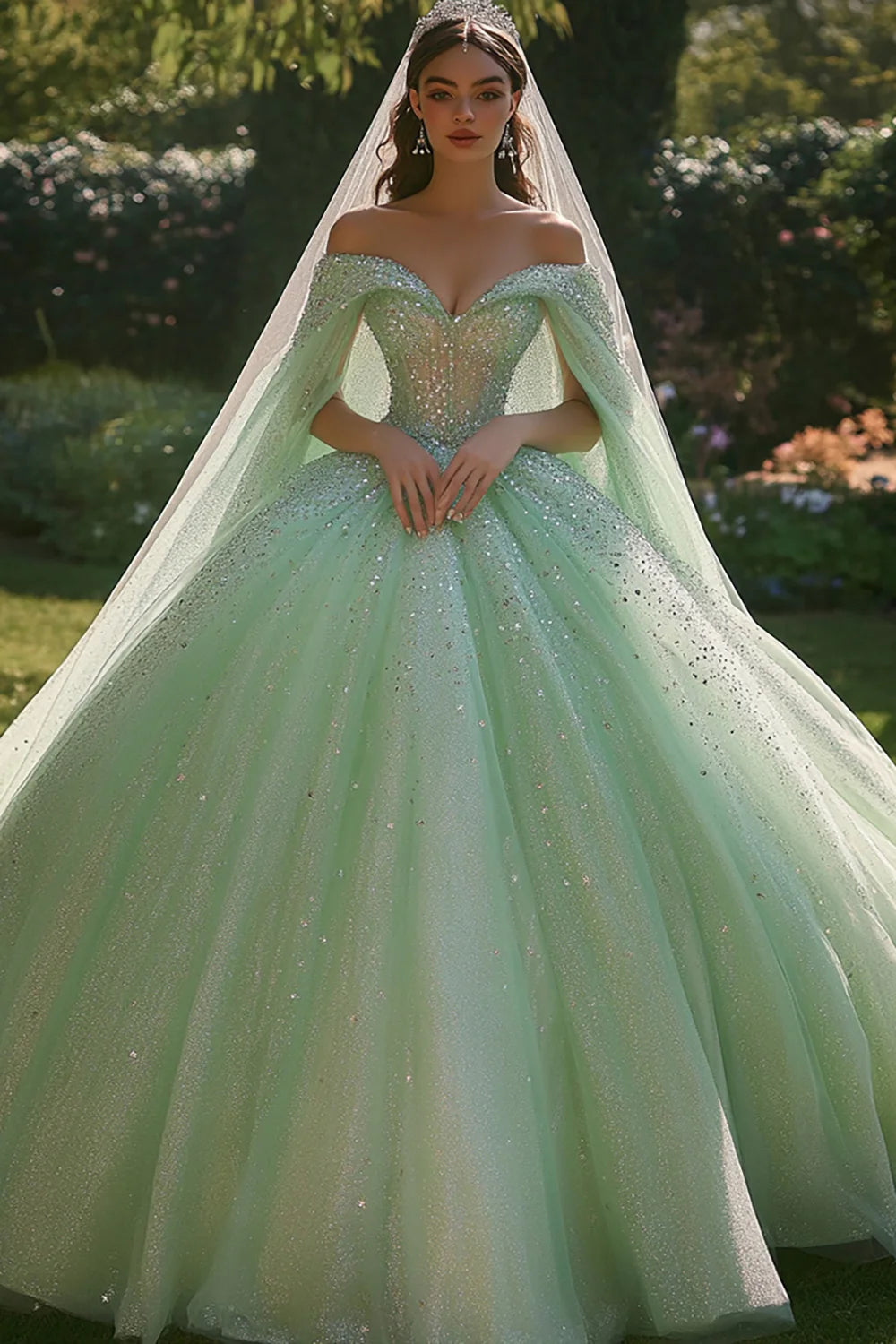 Sparkly Light Green Off the Shoulder Ball Gown Long Quinceanera Dress with Beading