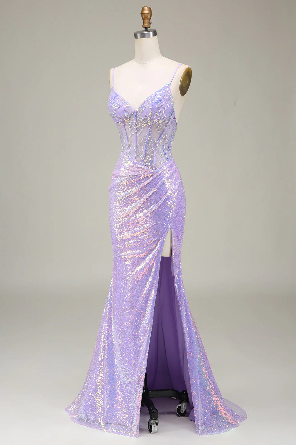 Sparkly Light Purple Mermaid Spaghetti Straps Corset Long Prom Dress with Slit