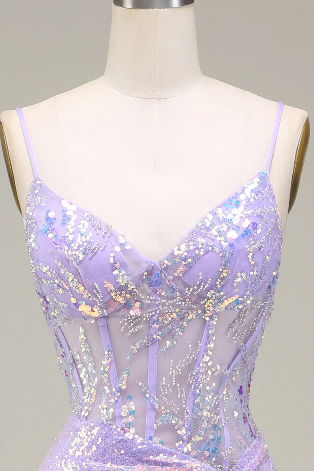 Sparkly Light Purple Mermaid Spaghetti Straps Corset Long Prom Dress with Slit
