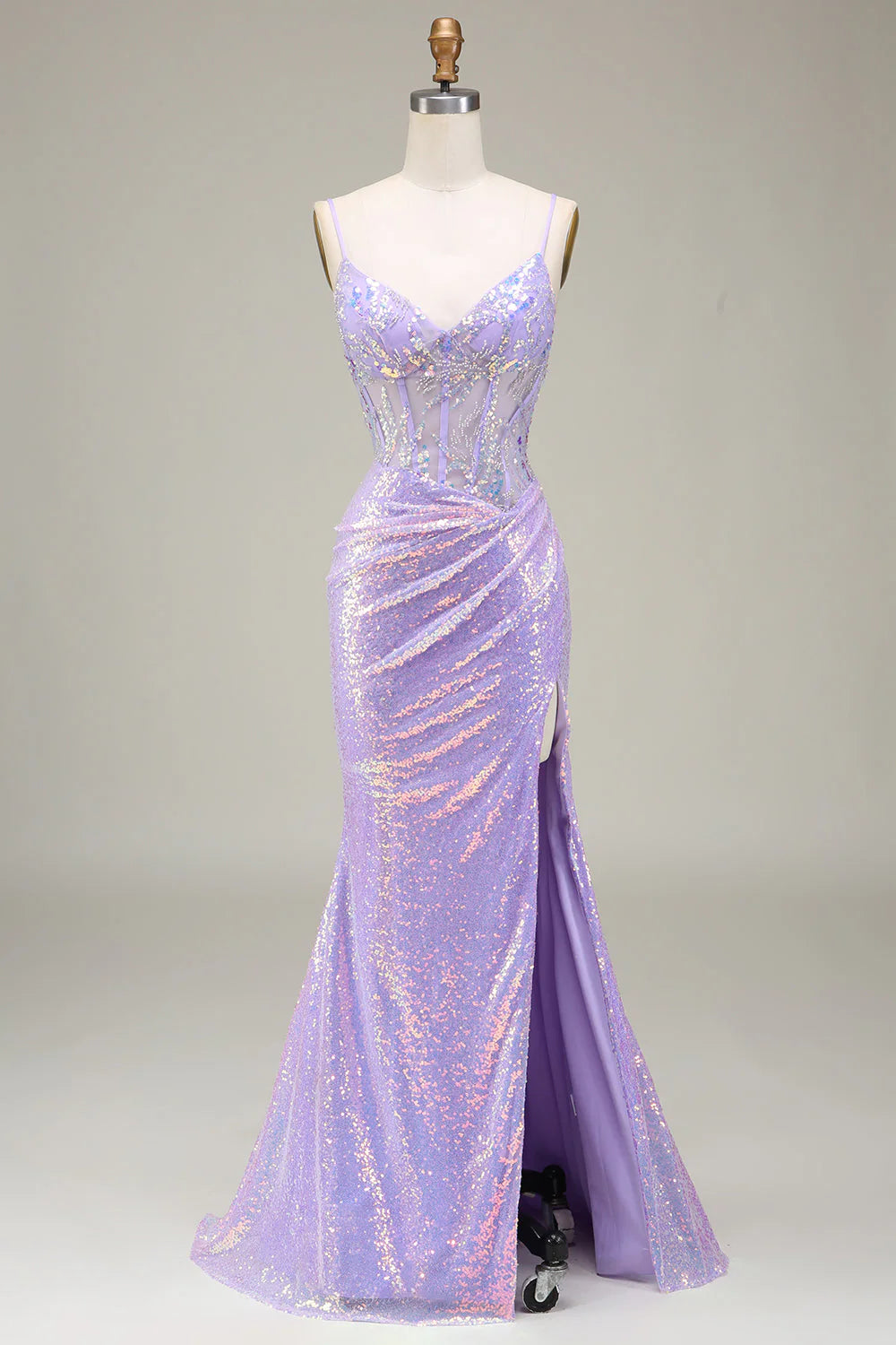 Sparkly Light Purple Mermaid Spaghetti Straps Corset Long Prom Dress with Slit