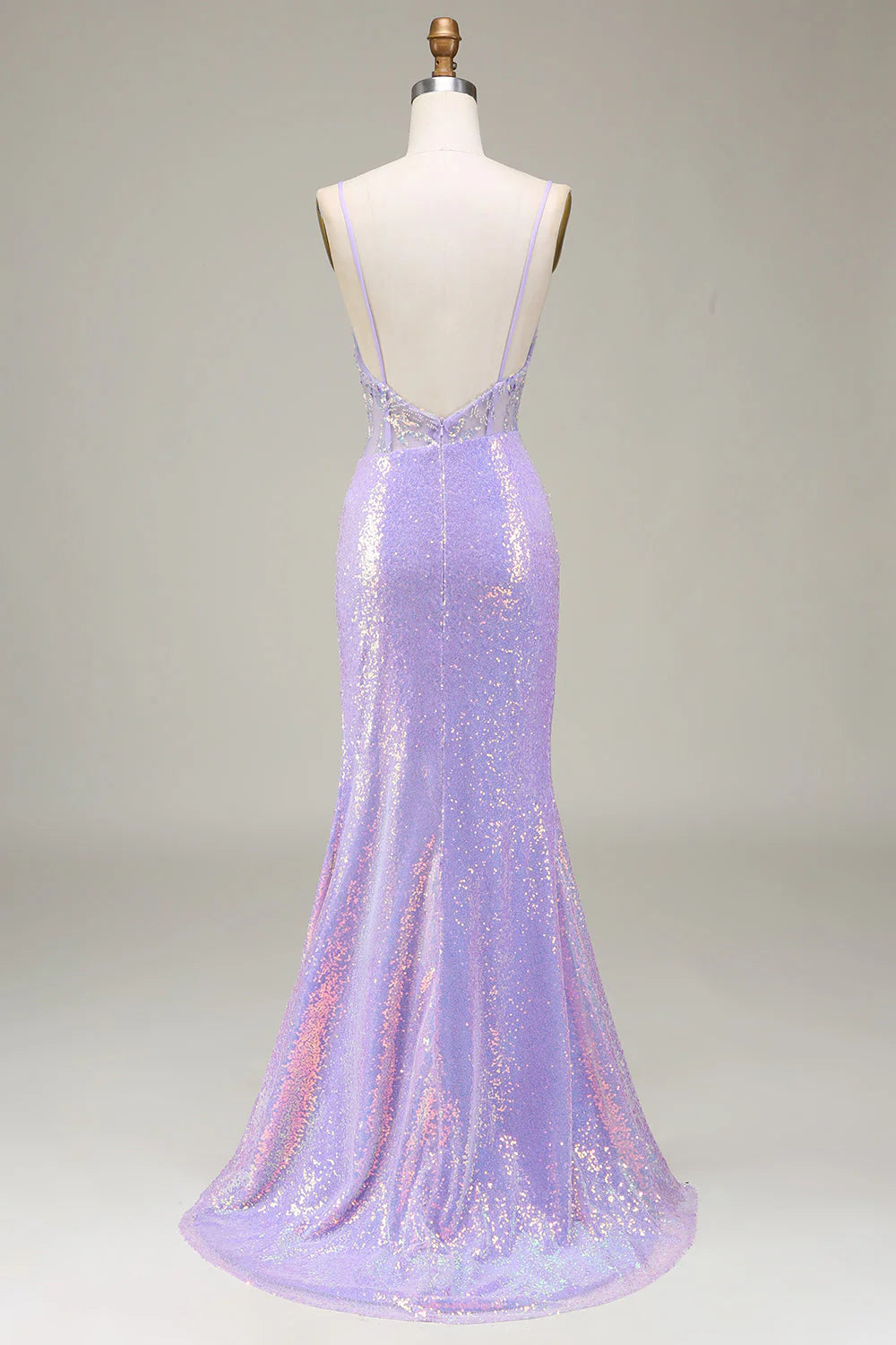 Sparkly Light Purple Mermaid Spaghetti Straps Corset Long Prom Dress with Slit