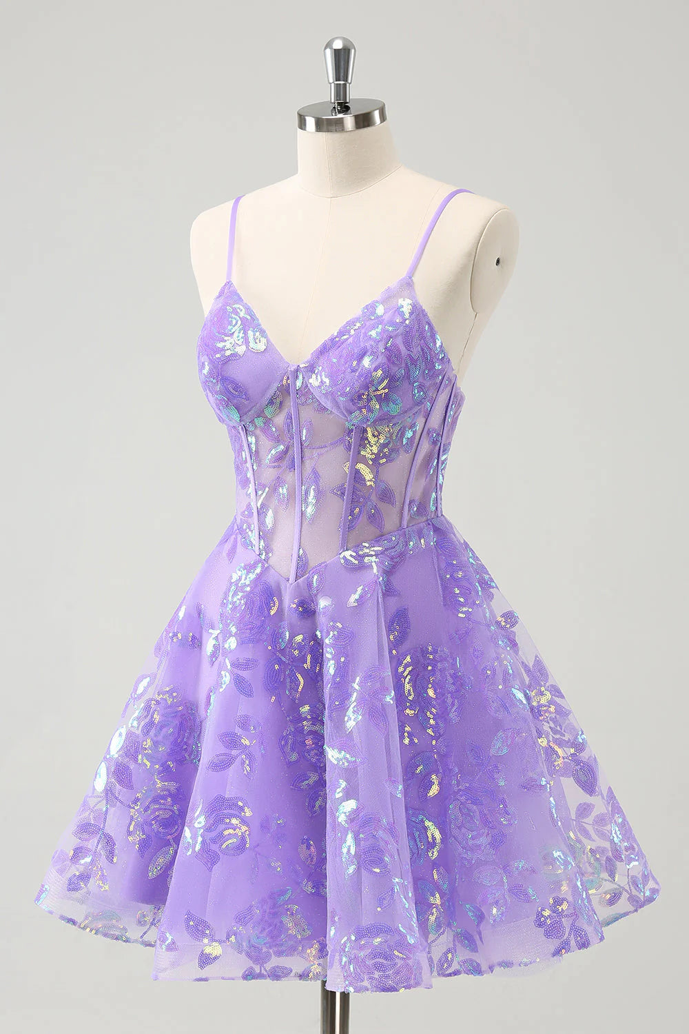 Sparkly Lilac A-Line Spaghetti Straps Sequins Corset Homecoming Dress