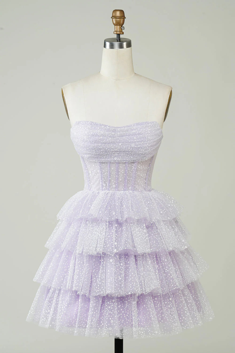 Sparkly Lilac A Line Strapless Polka Dots Corset Tiered Short Homecoming Dress