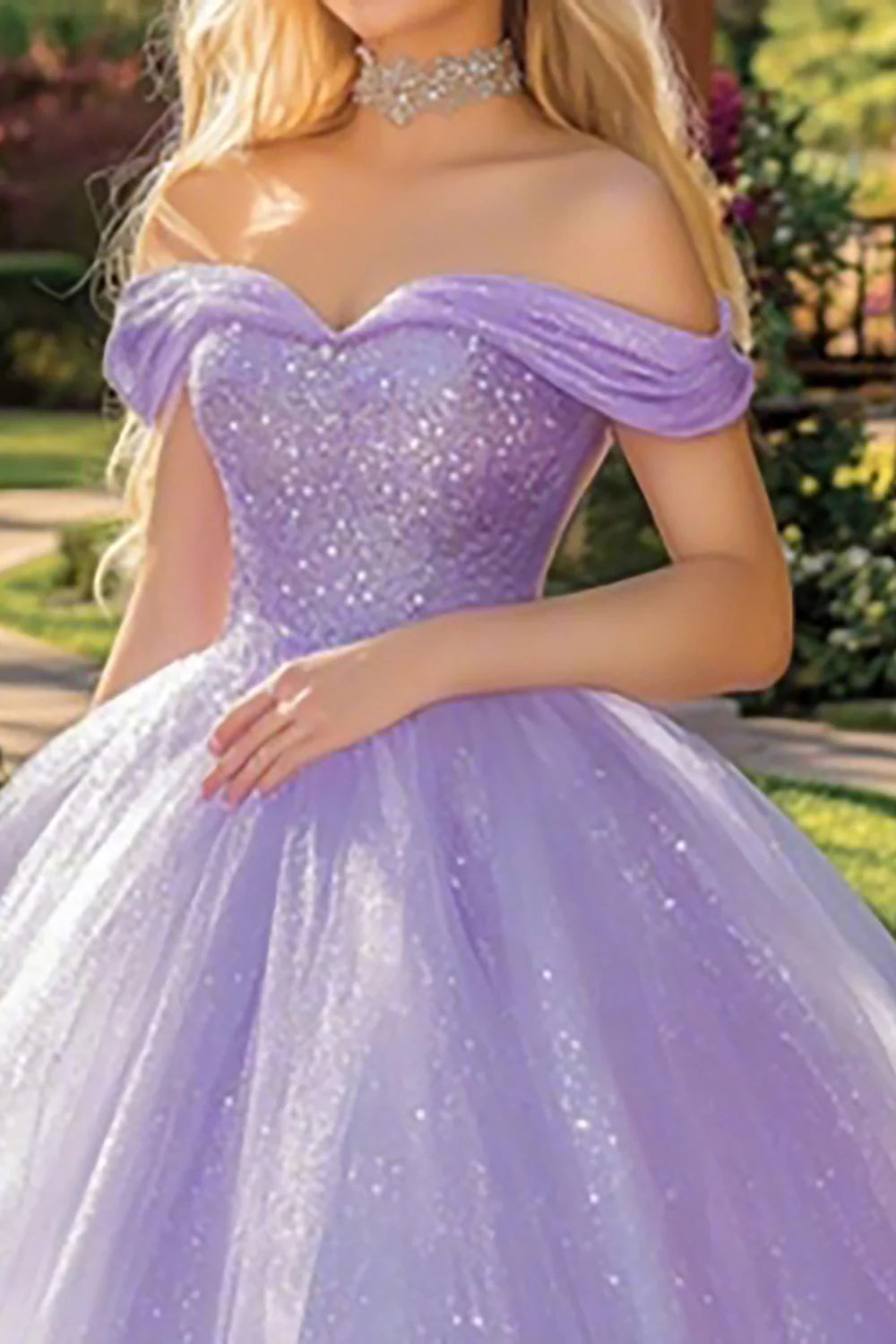 Sparkly Lilac Ball Gown Tulle Off the Shoulder Long Quinceanera Dress with Sequins