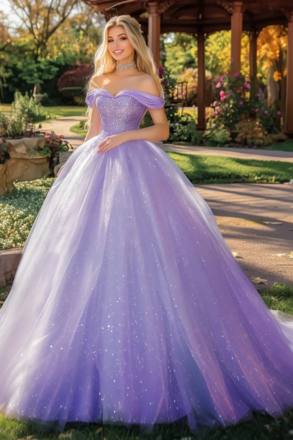 Sparkly Lilac Ball Gown Tulle Off the Shoulder Long Quinceanera Dress with Sequins