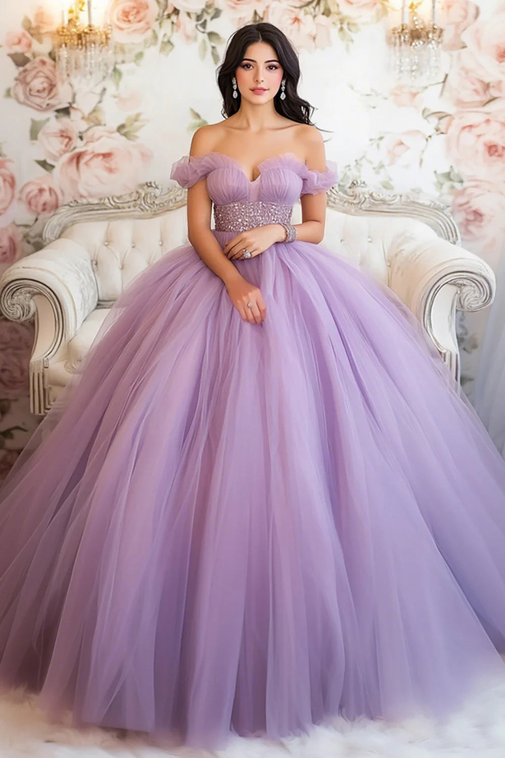 Sparkly Lilac Ball Gown Tulle Princess Long Quinceanera Dress with Ruffles