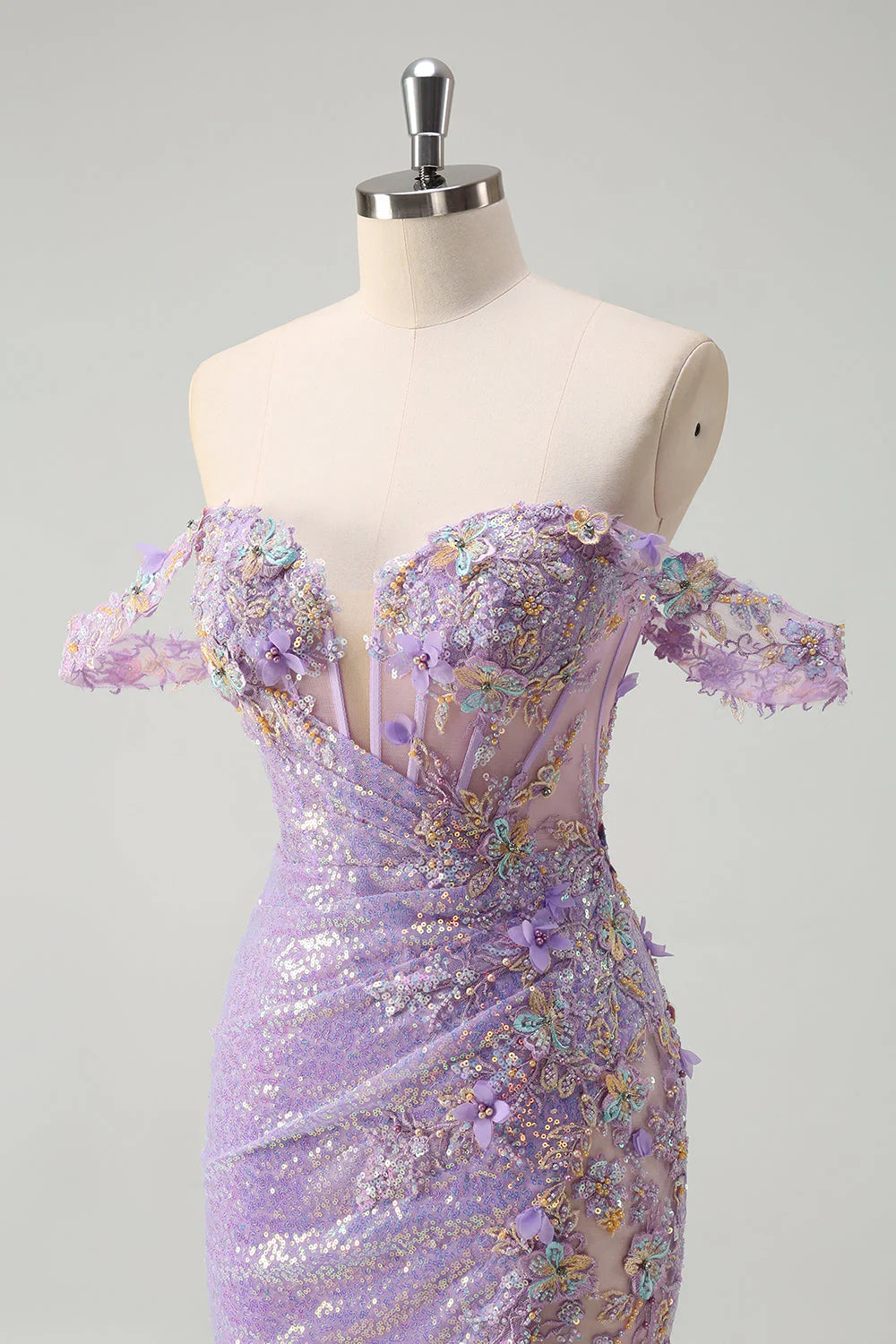 Sparkly Lilac Mermaid Off The Shoulder 3D Flowers Sequin Prom Dress with Slit
