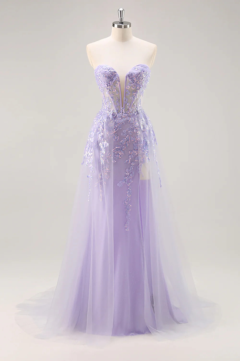 Sparkly Lilac Tulle Strapless Corset Long Prom Dress with Appliques