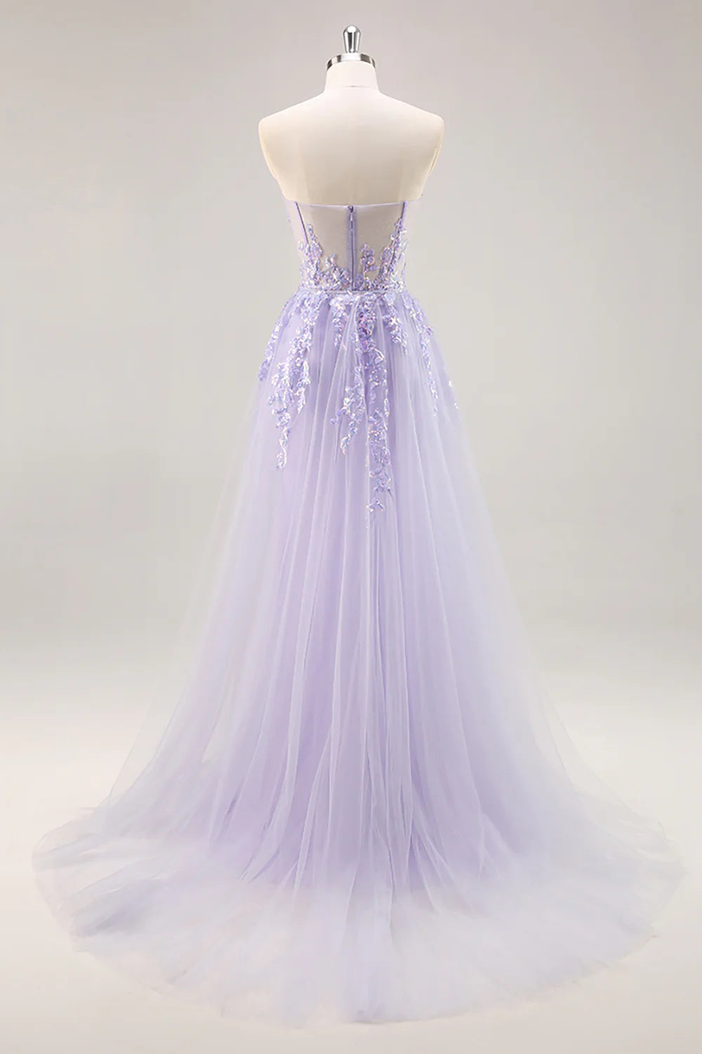 Sparkly Lilac Tulle Strapless Corset Long Prom Dress with Appliques